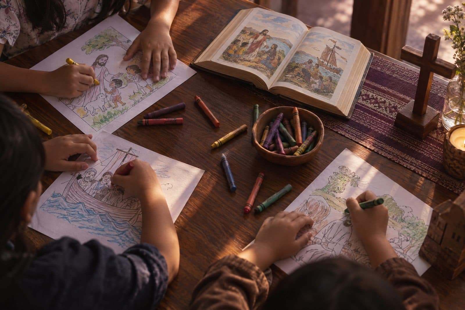 Tangan anak-anak mewarnai gambar cerita Alkitab