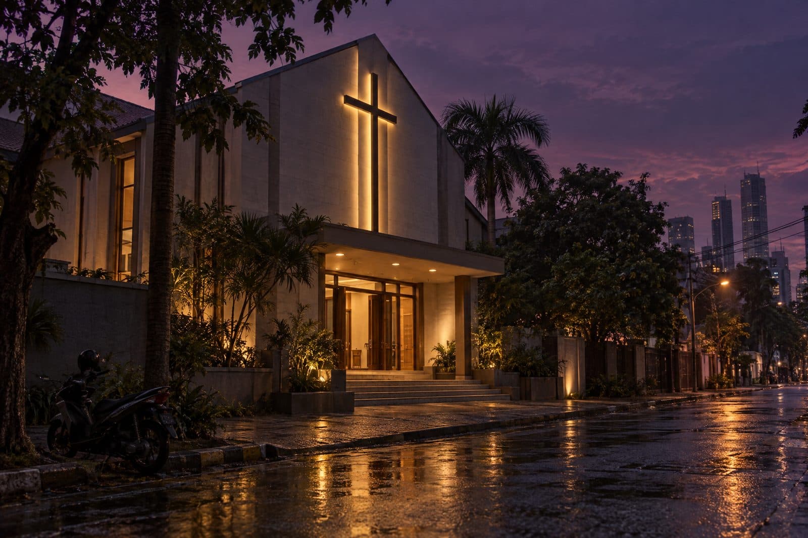 Gedung gereja saat senja dengan salib bercahaya