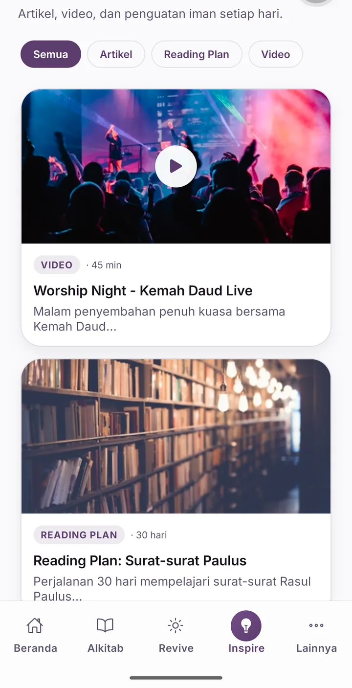 Layar Inspire: video ibadah dan rencana baca Alkitab